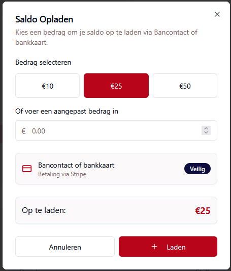 Scherm om persoonlijk dranksaldo op te laden via Bancontact of bankkaart
